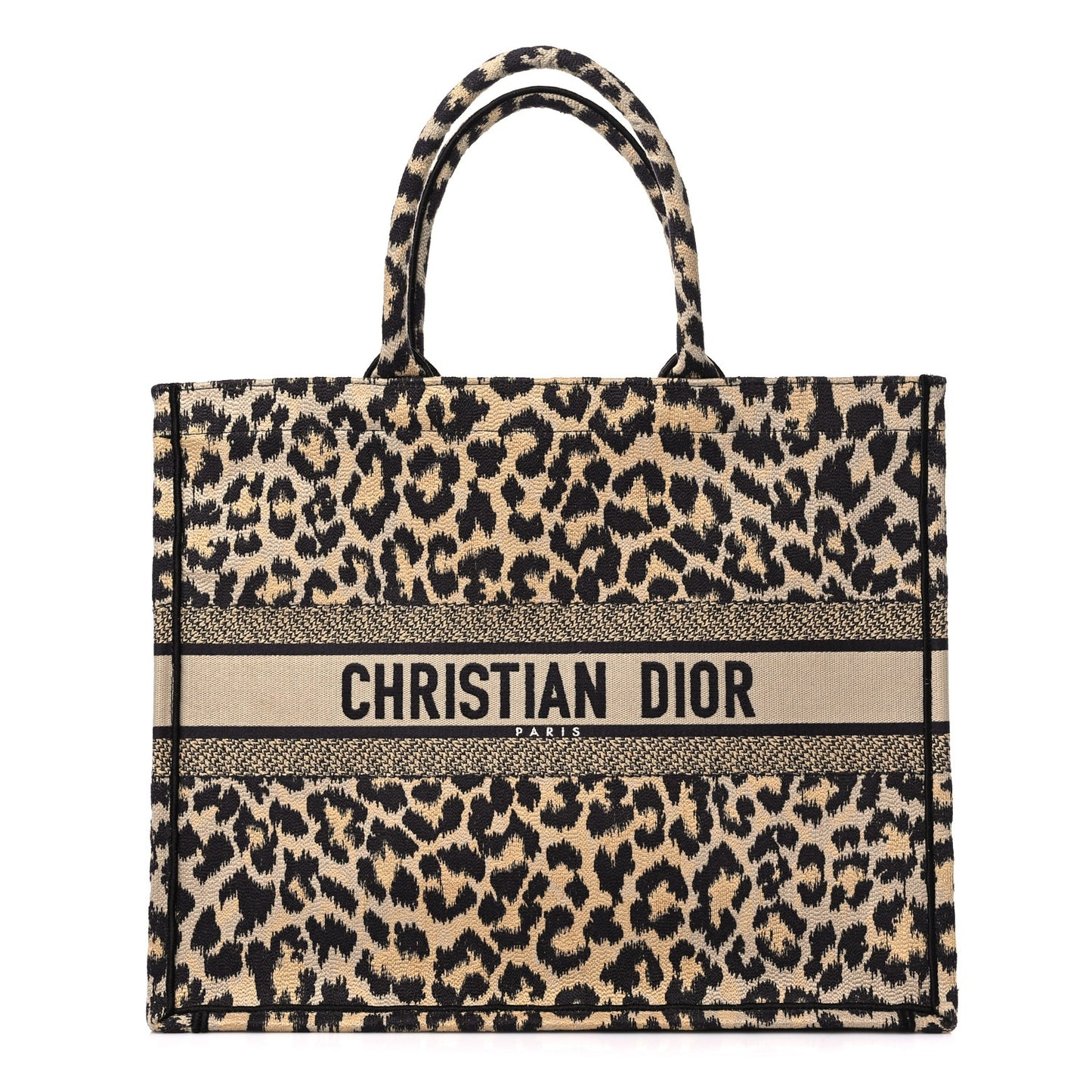 Canvas Mizza Embroidered Large Leopard Book Tote Beige