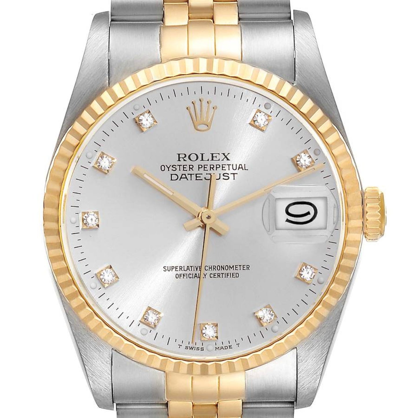 Rolex Datejust 36mm Steel Yellow Gold Silver Diamond Dial