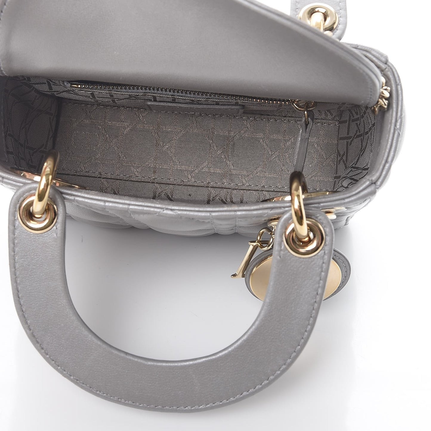 Metallic Lambskin Cannage Mini Lady Dior Grey