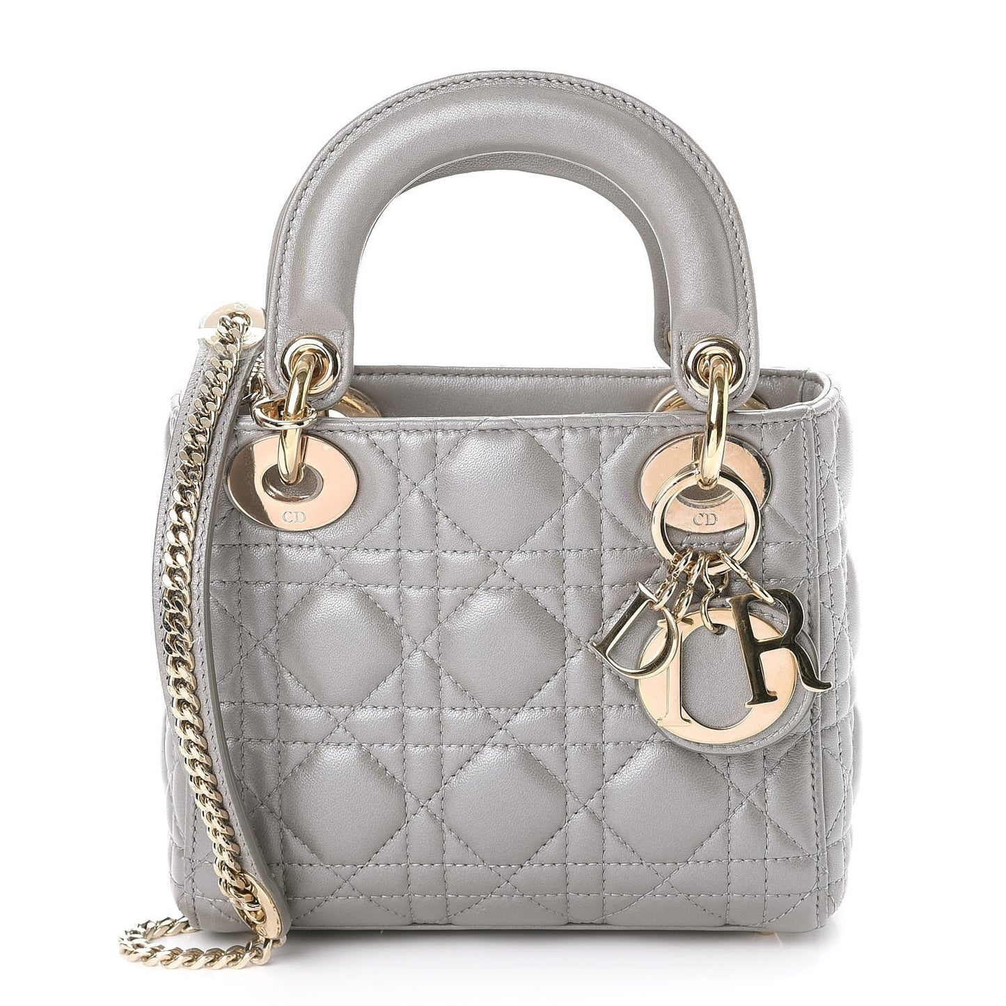 Metallic Lambskin Cannage Mini Lady Dior Grey