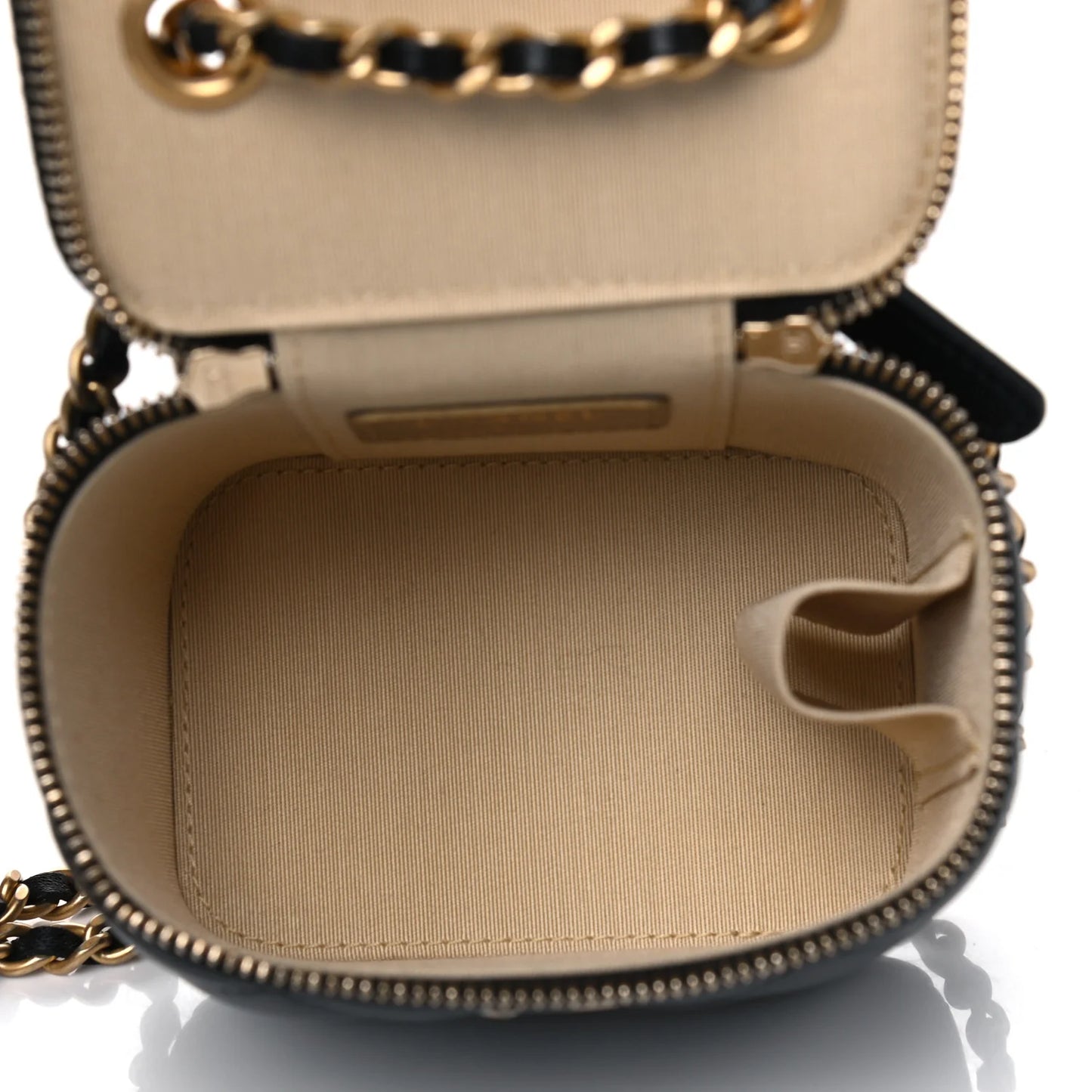 Lambskin Quilted Mini Pearl Crush Vanity Case With Chain Black