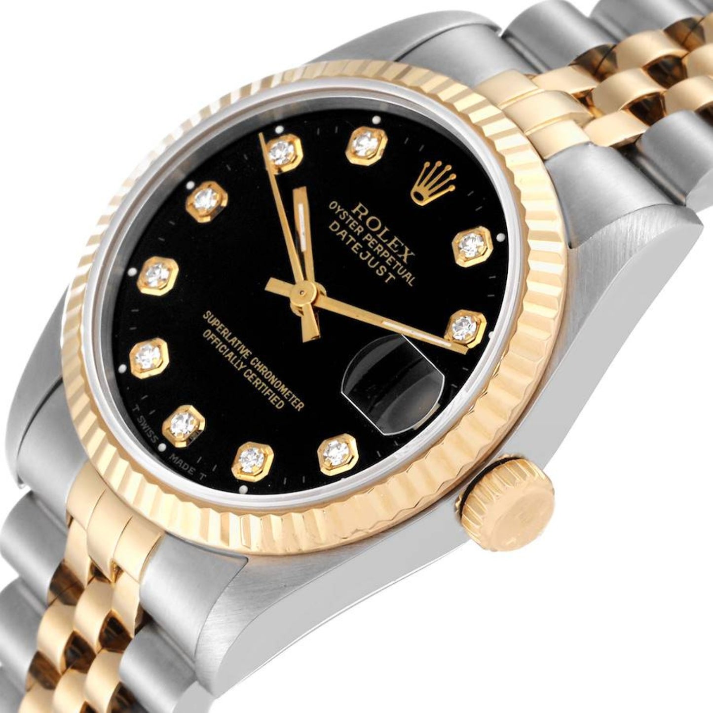 Rolex Datejust Midsize Steel Yellow Gold Black Diamond Ladies Watch