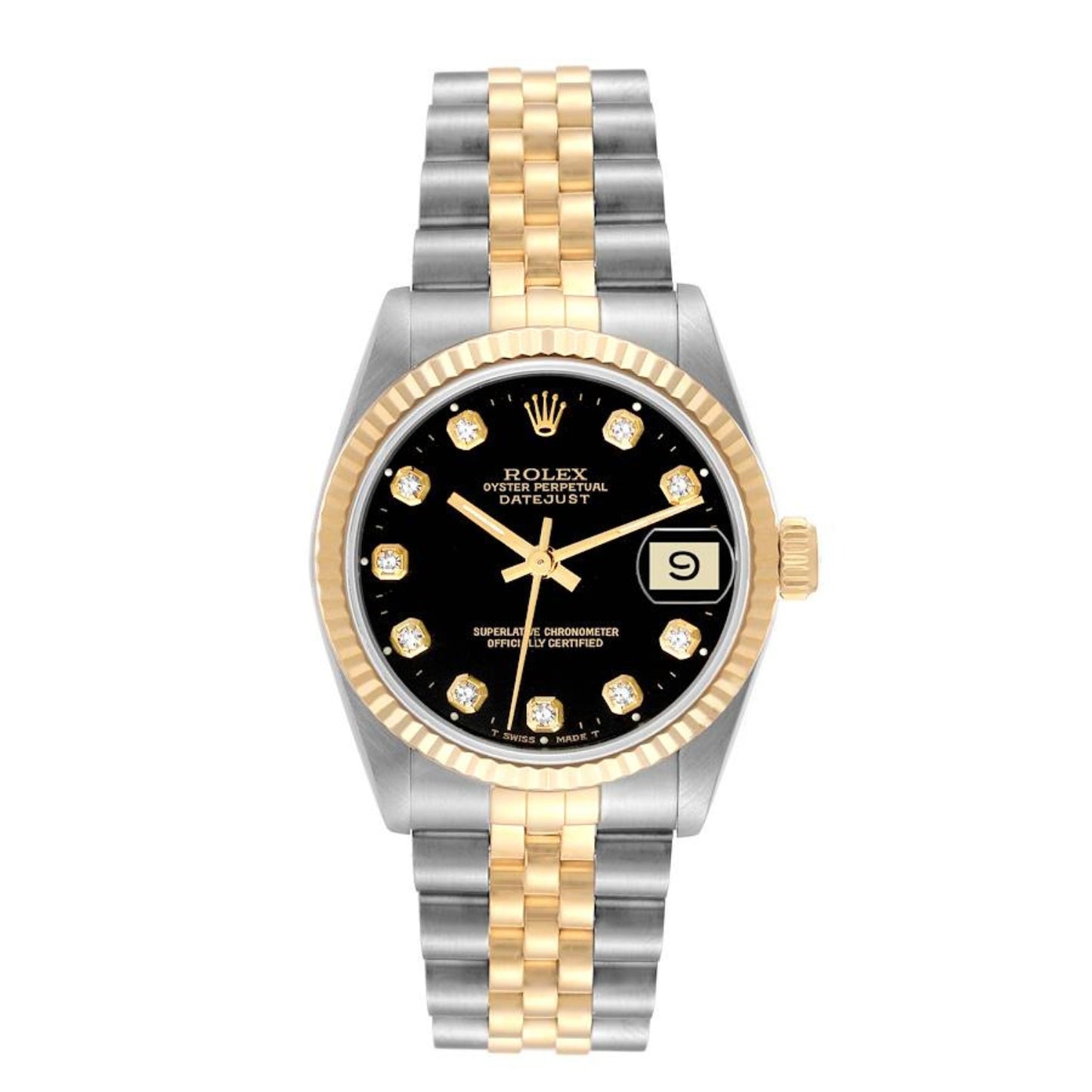 Rolex Datejust Midsize Steel Yellow Gold Black Diamond Ladies Watch