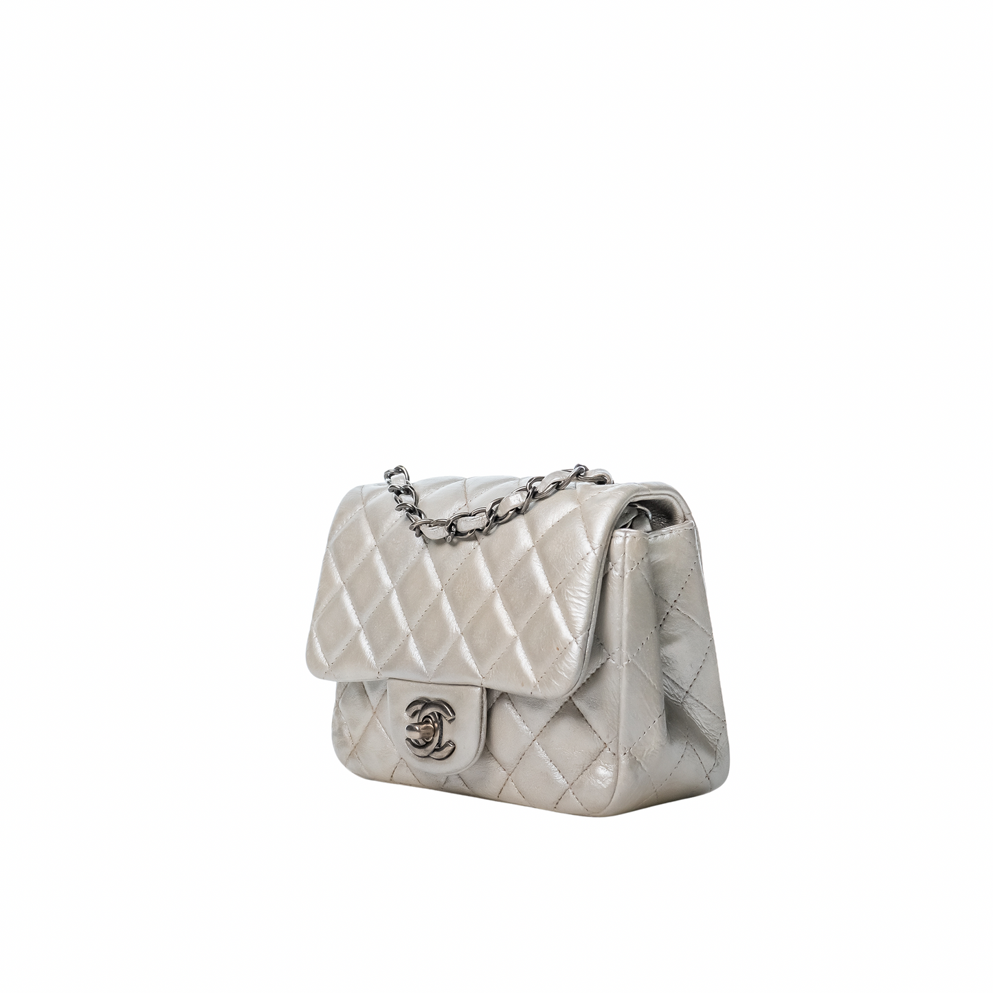 Metallic Lambskin Quilted Mini Square Flap Silver