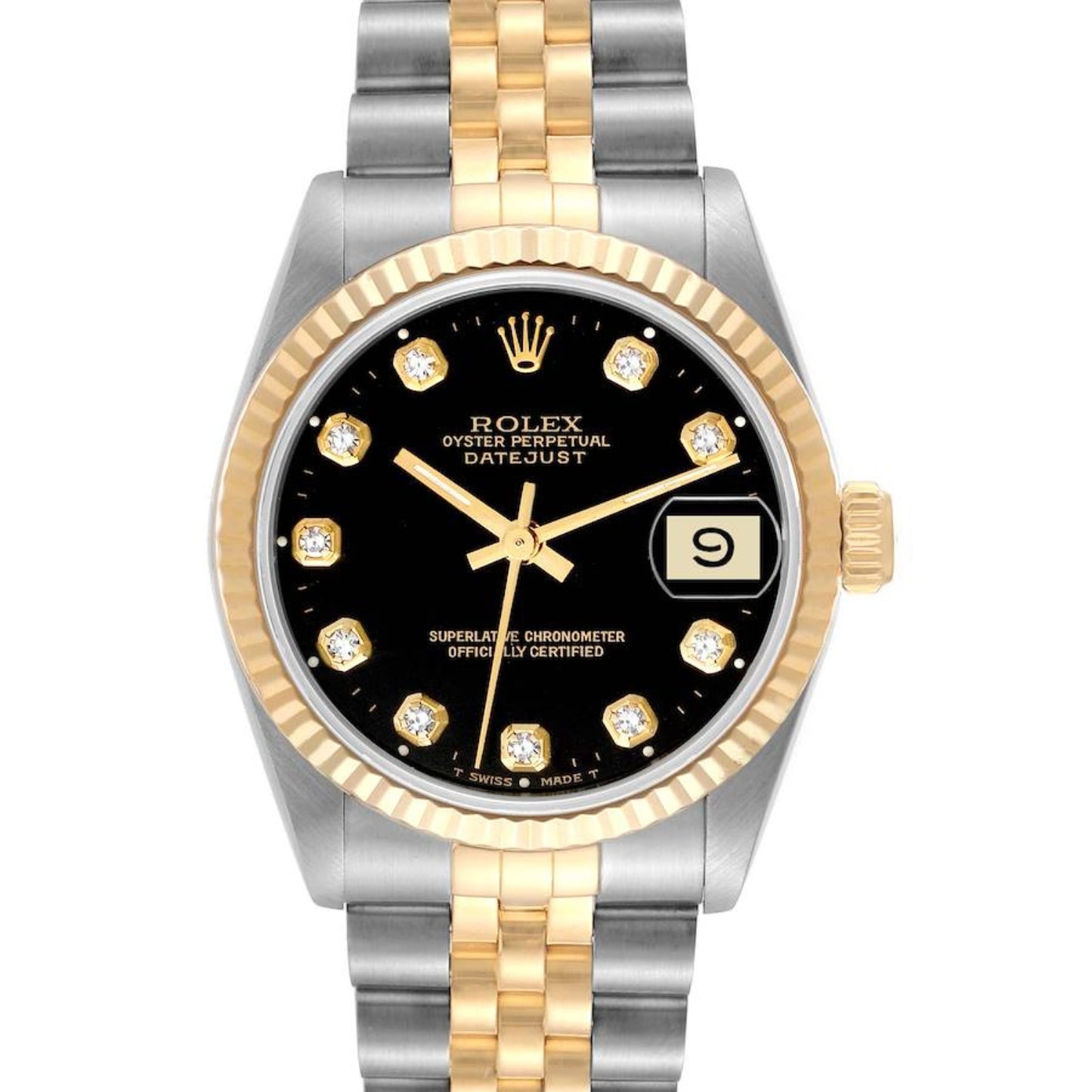 Rolex Datejust Midsize Steel Yellow Gold Black Diamond Ladies Watch
