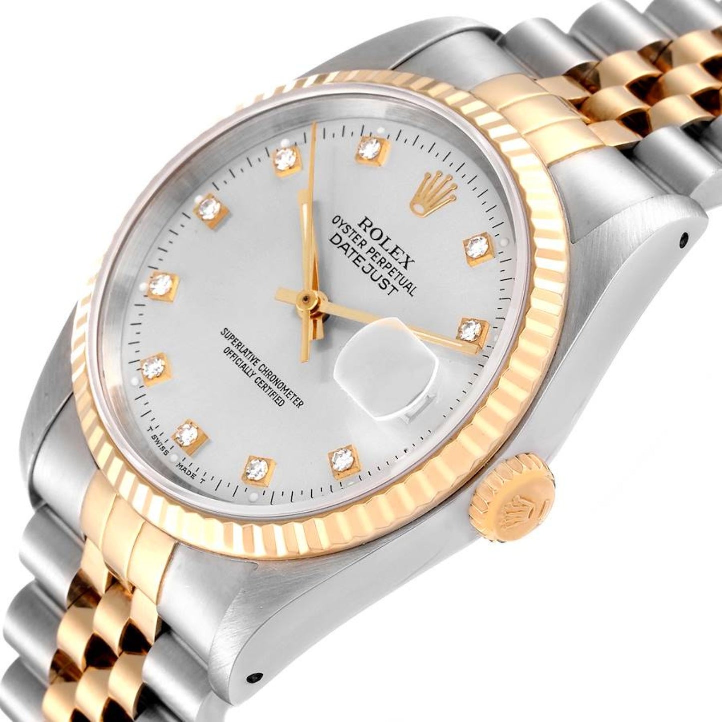 Rolex Datejust 36mm Steel Yellow Gold Silver Diamond Dial