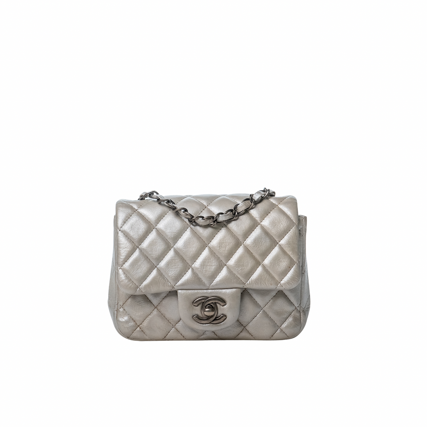 Metallic Lambskin Quilted Mini Square Flap Silver