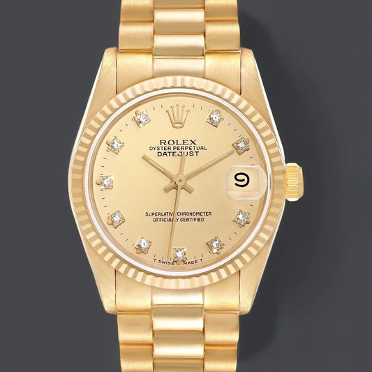 Rolex President Midsize 31 Yellow Gold Diamond Dial Ladies Watch