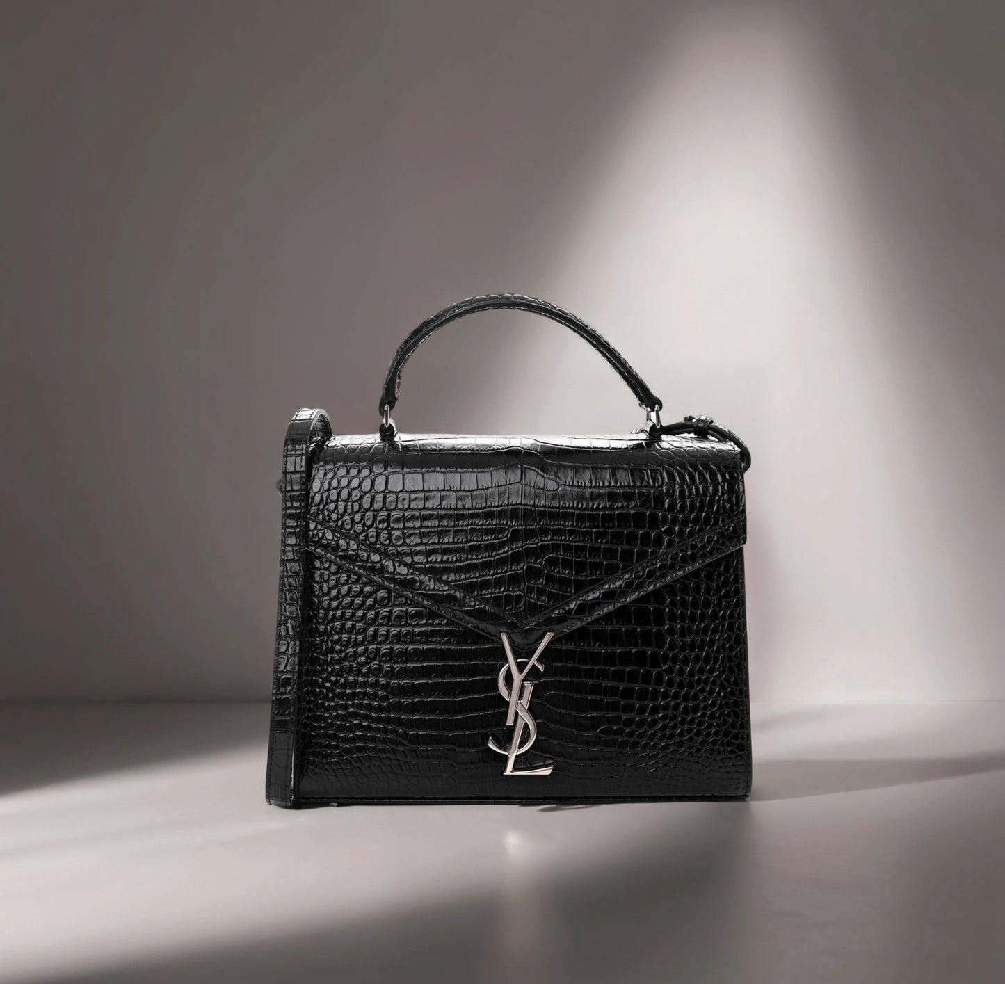 Calfskin Crocodile Embossed Medium Classic Monogram Cassandra Top Handle Black Rouge Legion
