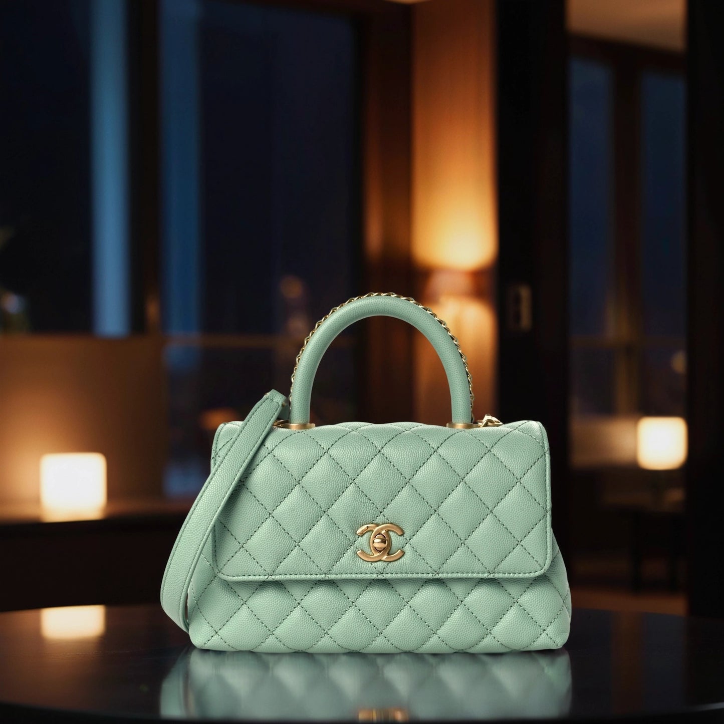 Caviar Quilted Mini Coco Chain Handle Flap Light Green