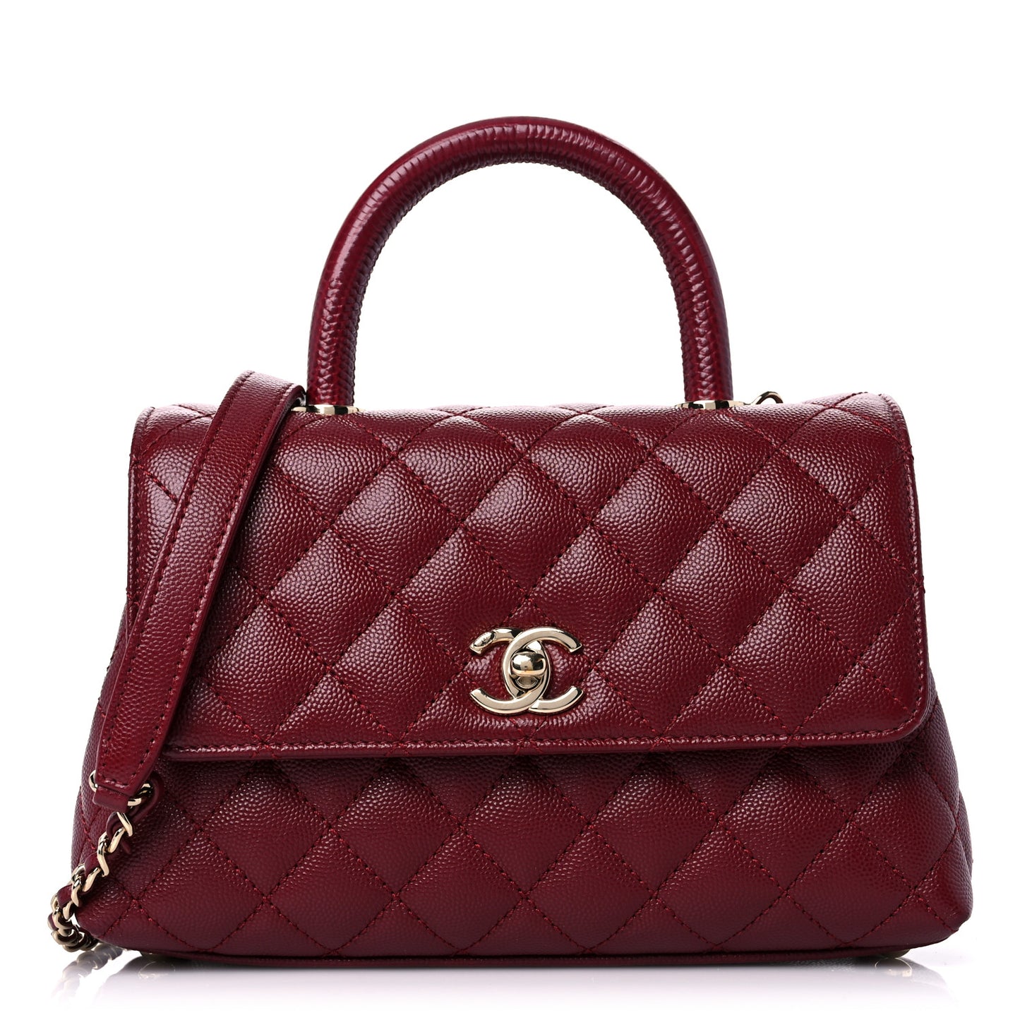 Caviar Lizard Embossed Quilted Mini Coco Handle Flap Burgundy