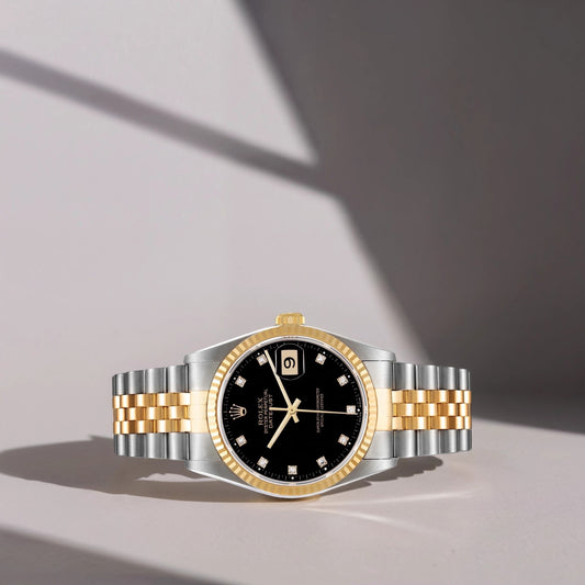 Rolex Datejust 36mm Steel Yellow Gold Black Diamond Dial Watch