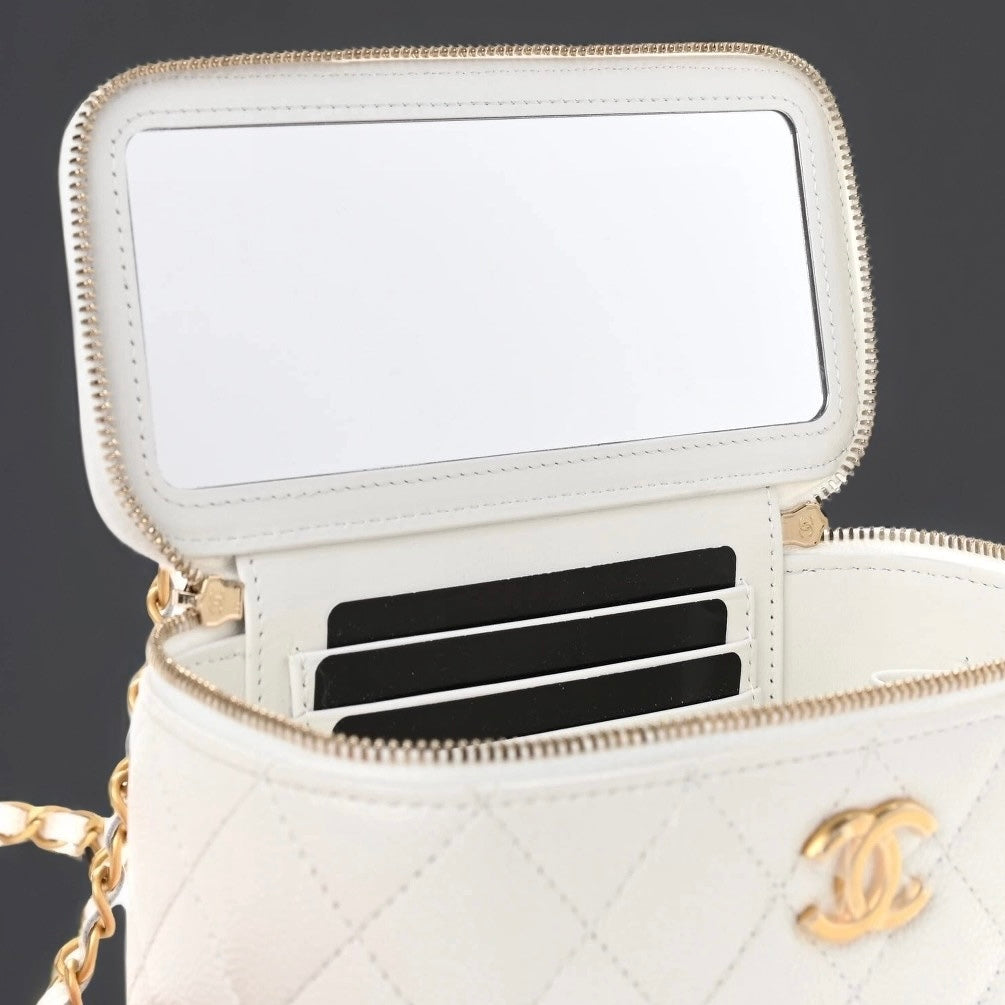 Shiny Caviar Quilted Pick Me Up Vanity Case White