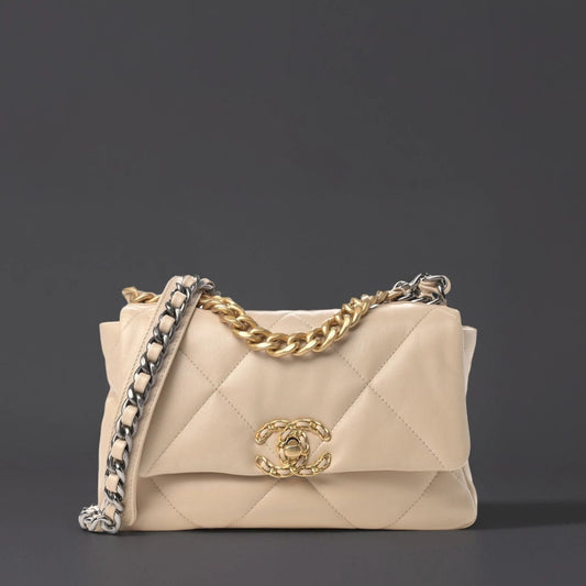 Lambskin Quilted Small Chanel 19 Flap Beige