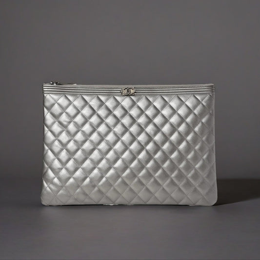 Metallic Caviar Quilted Large Boy Cosmetic Case Silver