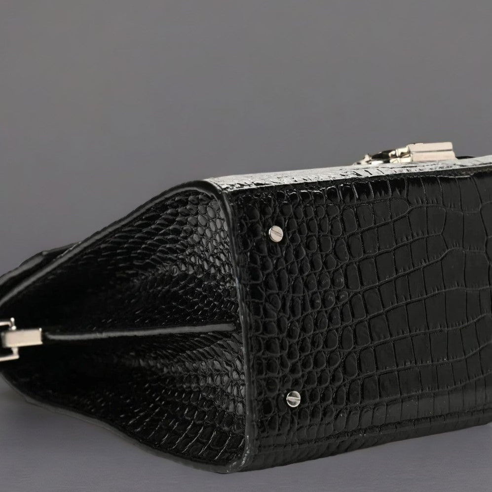 Calfskin Crocodile Embossed Medium Classic Monogram Cassandra Top Handle Black Rouge Legion