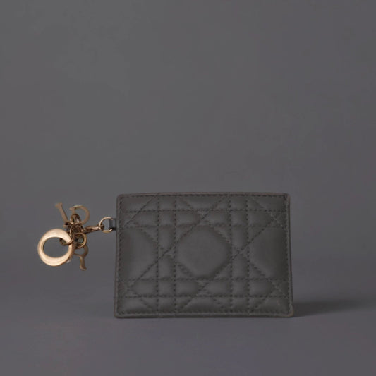 Lambskin Cannage Lady Dior Card Holder Gray