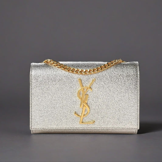 Metallic Calfskin Small Classic Monogram Kate Satchel Pale Gold