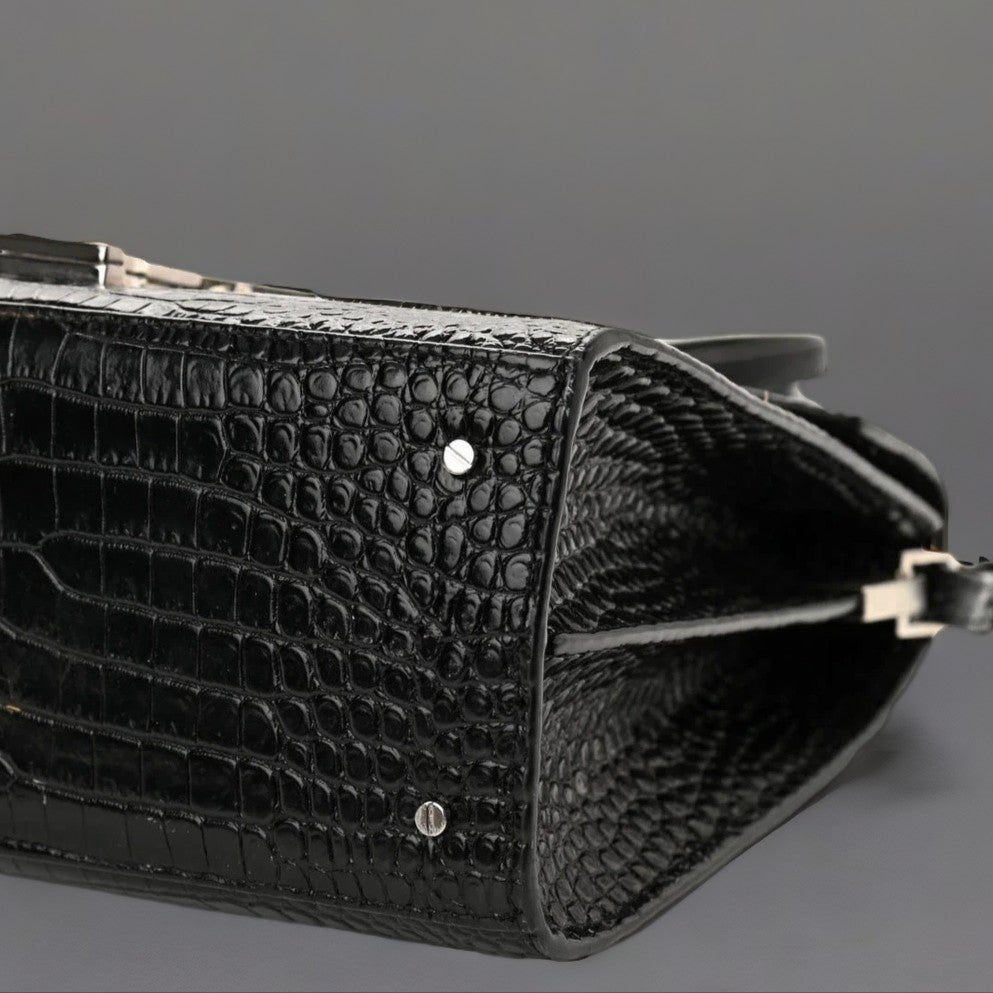 Calfskin Crocodile Embossed Medium Classic Monogram Cassandra Top Handle Black Rouge Legion