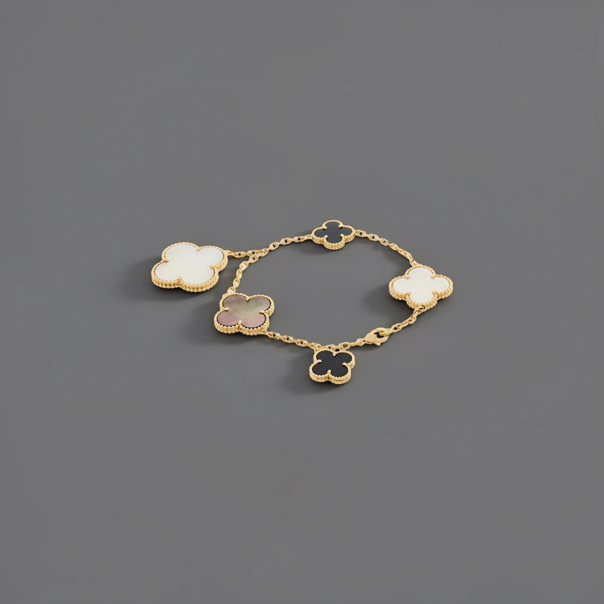 18K Yellow Gold Grey Mother of Pearl Black Onyx 5 Motifs Magic Alhambra Bracelet