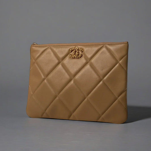Goatskin Quilted Large Chanel 19 Pouch Beige