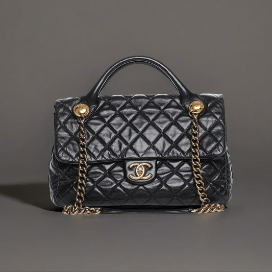 Glazed Calfskin Castle Rock Medium Flap Black