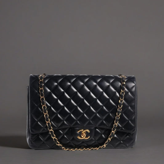 Lambskin Quilted Maxi Double Flap Black