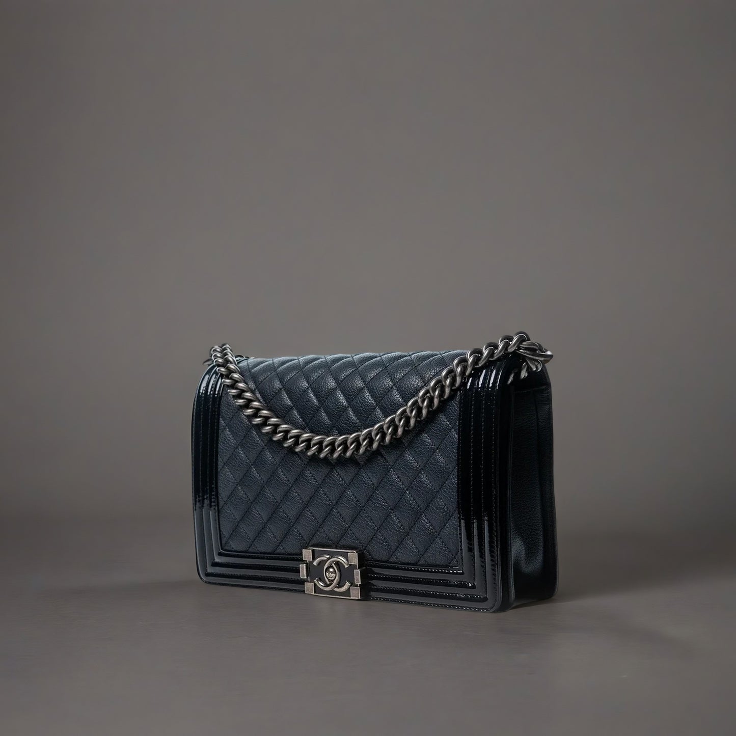 Goatskin Patent Quilted New Medium Boy Flap Navy Blue