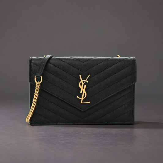 Grain De Poudre Matelasse Chevron Monogram Envelope Chain Wallet Black