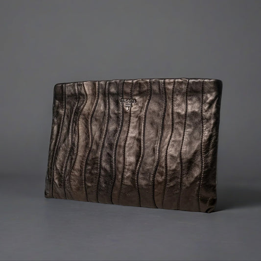Nappa Stripes Waves Clutch Metallic Brown