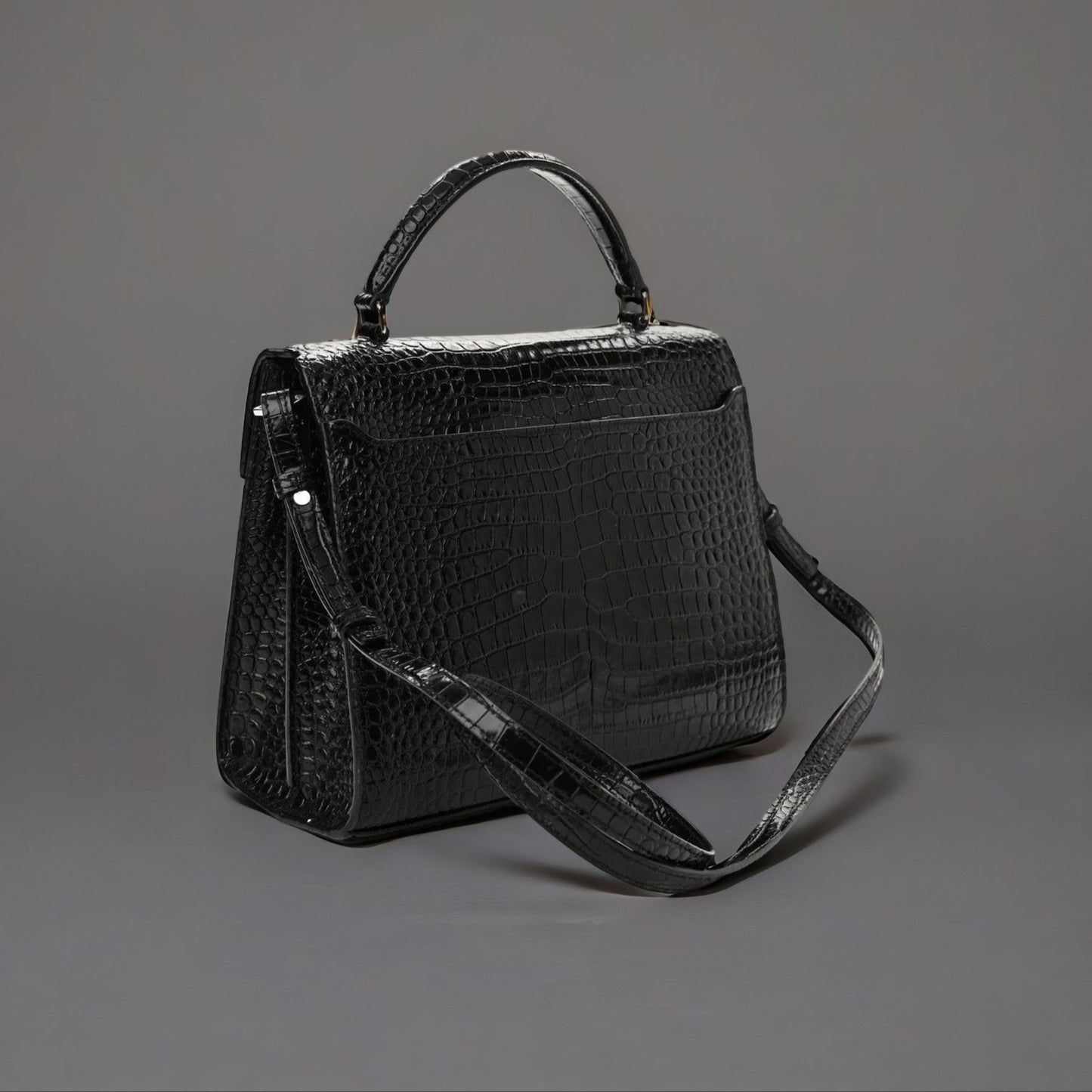 Calfskin Crocodile Embossed Medium Classic Monogram Cassandra Top Handle Black Rouge Legion