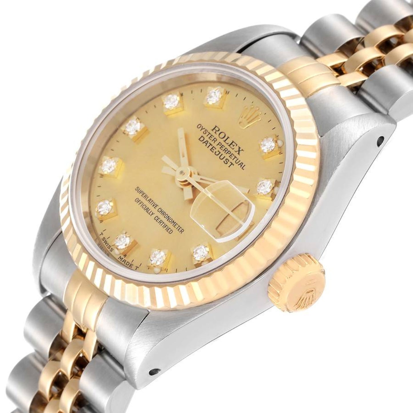 All photos are of the actual watch in stock  Rolex Datejust 26mm Steel Yellow Gold Diamond Dial Ladies Watch