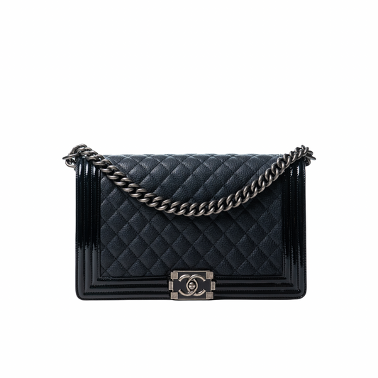 Goatskin Patent Quilted New Medium Boy Flap Navy Blue