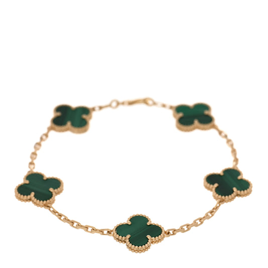18K Yellow Gold Malachite 5 Motifs Vintage Alhambra Bracelet