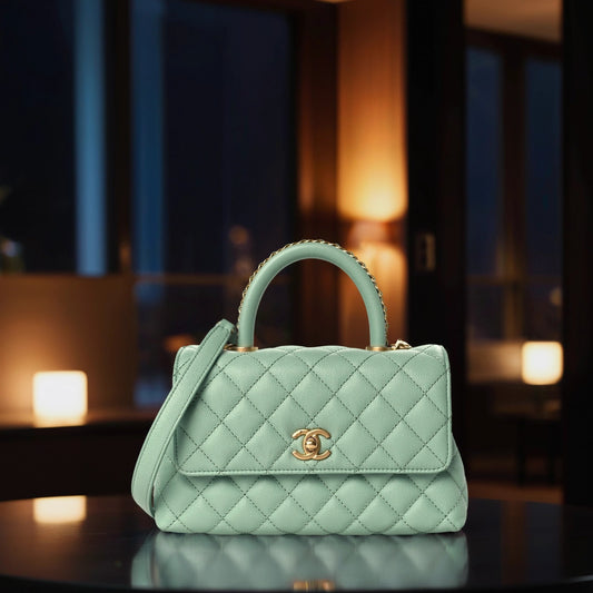 Caviar Quilted Mini Coco Chain Handle Flap Light Green