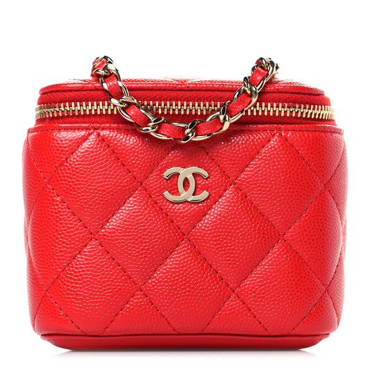 Caviar Quilted Mini Vanity Case With Chain Red