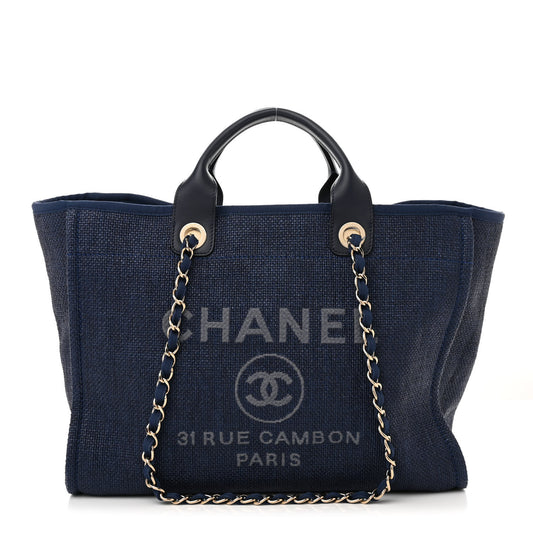 Woven Straw Raffia Medium Deauville Tote Navy