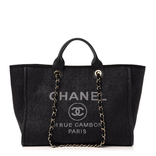 Woven Straw Raffia Medium Deauville Tote Black