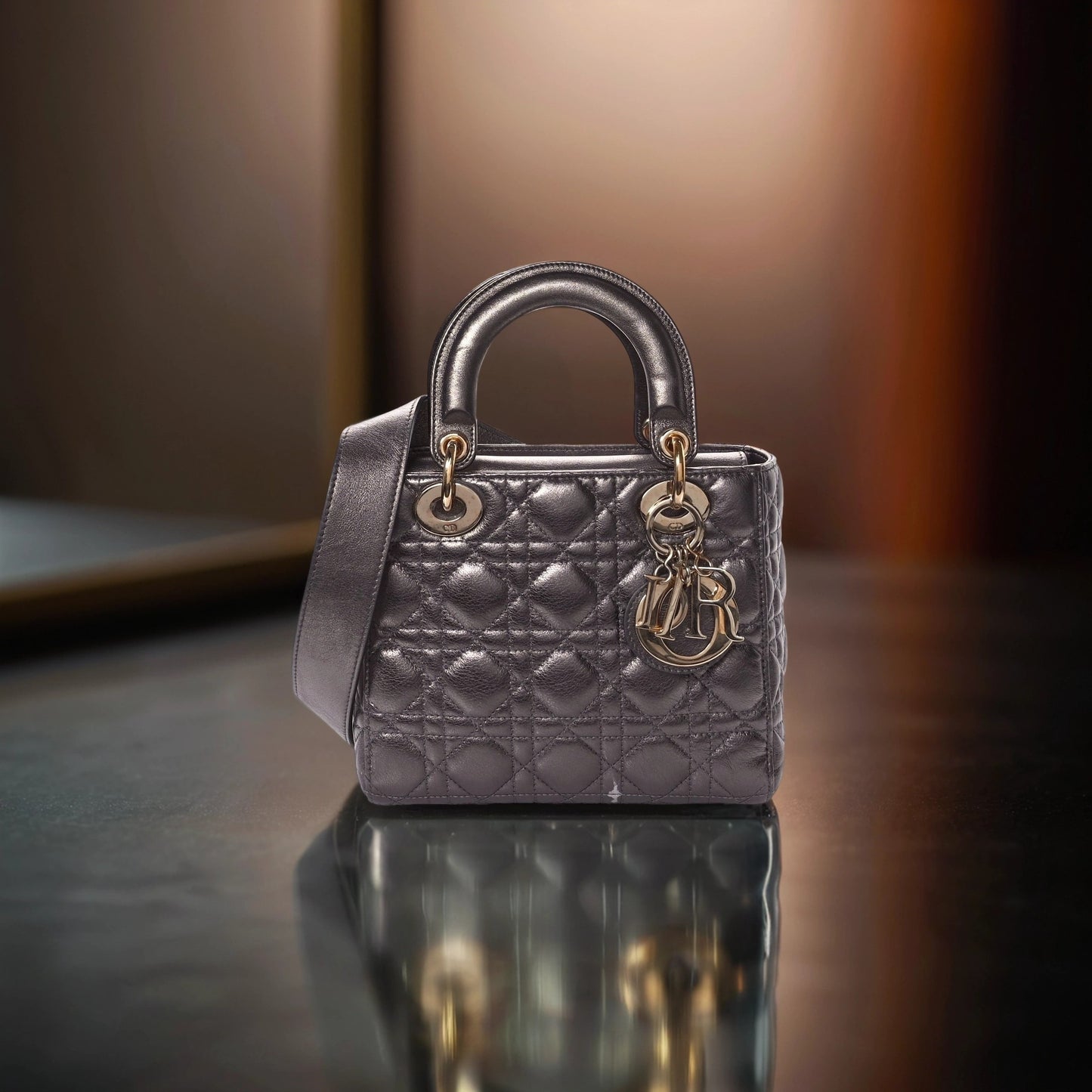 Metallic Grained Calfskin Cannage Small Lady Dior Gunmetal