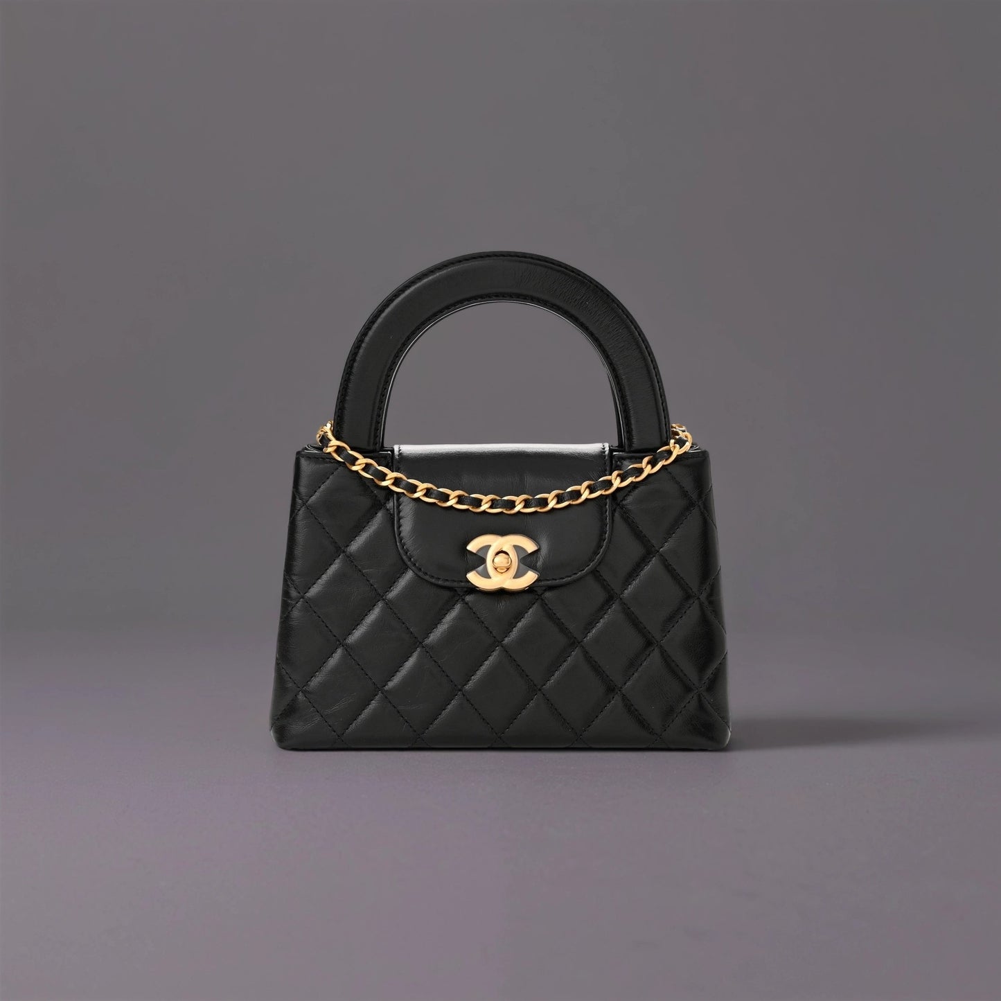 Shiny Aged Calfskin Quilted Nano Kelly Shopper Black