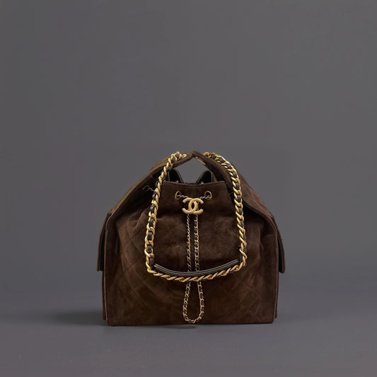 Suede Quilted Medium Chanel 25 Handbag Brown