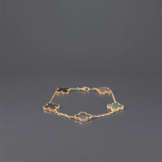 18K Yellow Gold Gray Mother of Pearl 5 Motifs Vintage Alhambra Bracelet