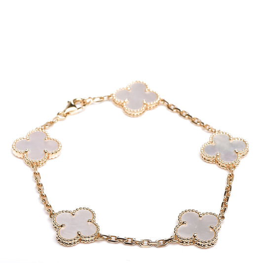 18K Yellow Gold Mother of Pearl 5 Motifs Vintage Alhambra Bracelet