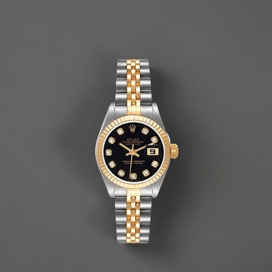 Rolex Datejust Steel Yellow Gold Black Diamond Dial Ladies Watch
