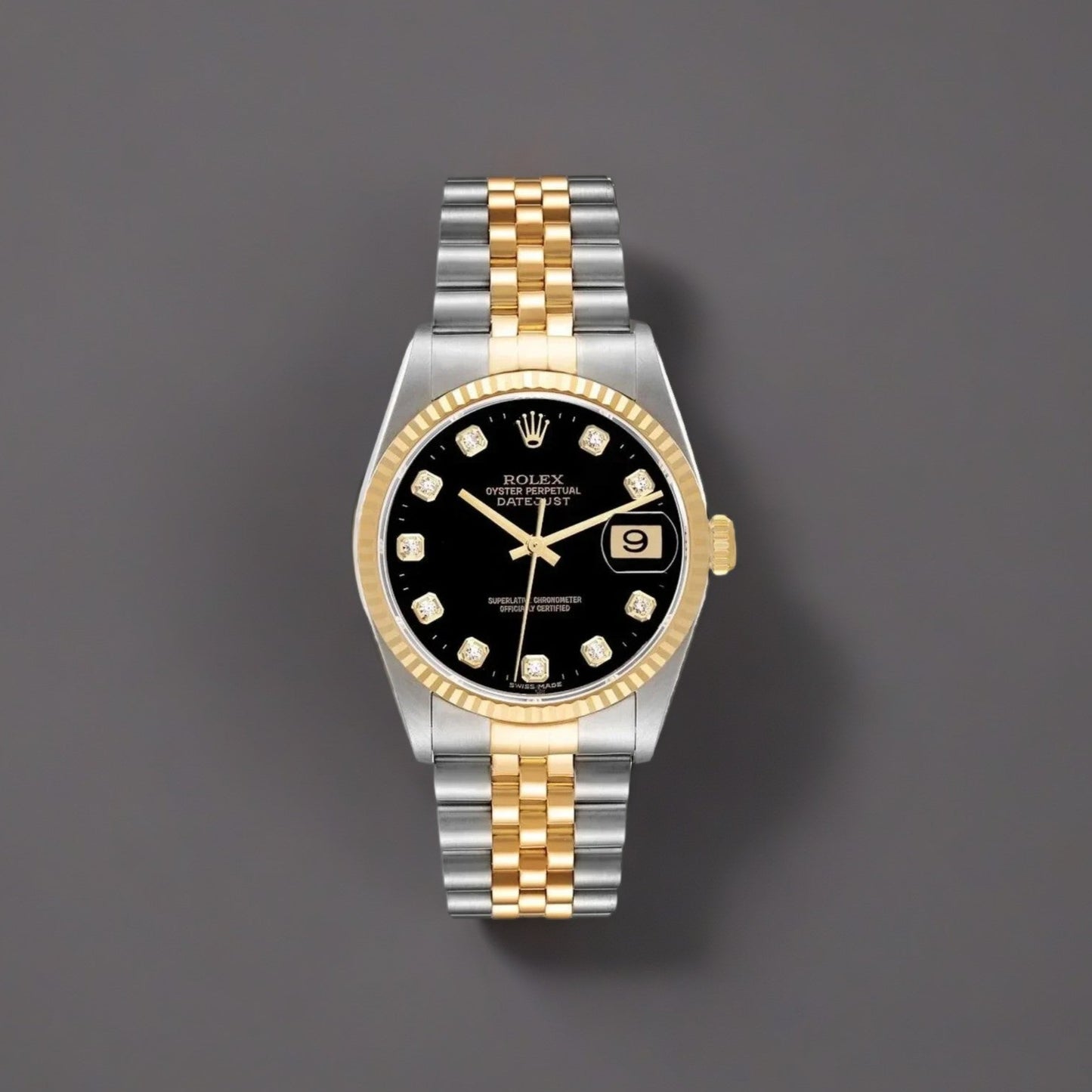 Rolex Datejust Steel Yellow Gold Black Diamond Dial Mens Watch