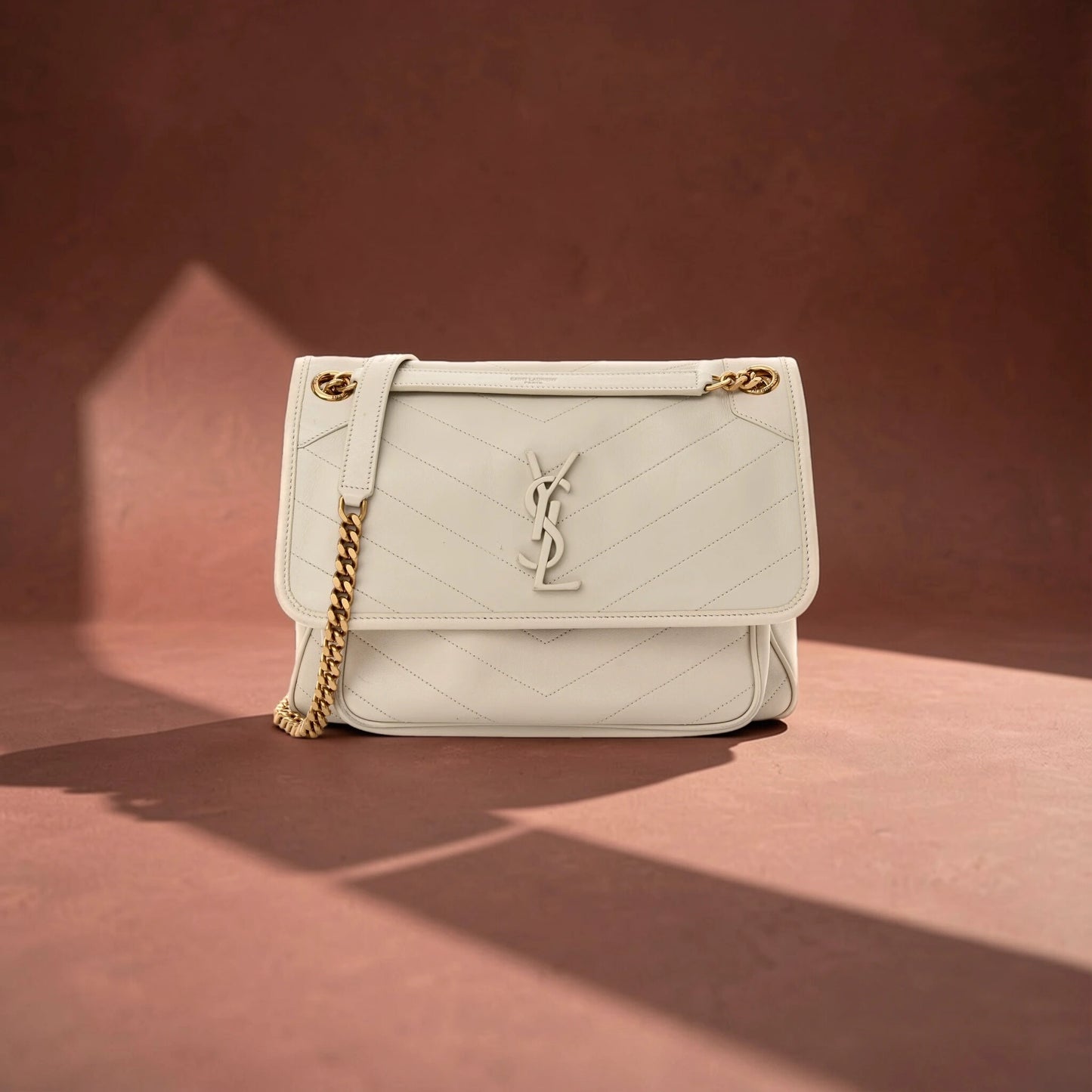 Lambskin Matelasse Monogram Medium Niki Chain Satchel Crema Soft