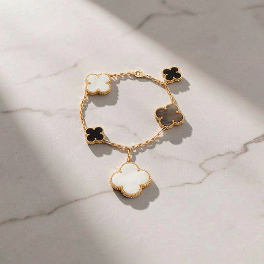 18K Yellow Gold Grey Mother of Pearl Black Onyx 5 Motifs Magic Alhambra Bracelet