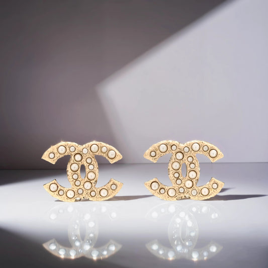 Metal Graduated Pearl Crystal CC Earrings Light Gold