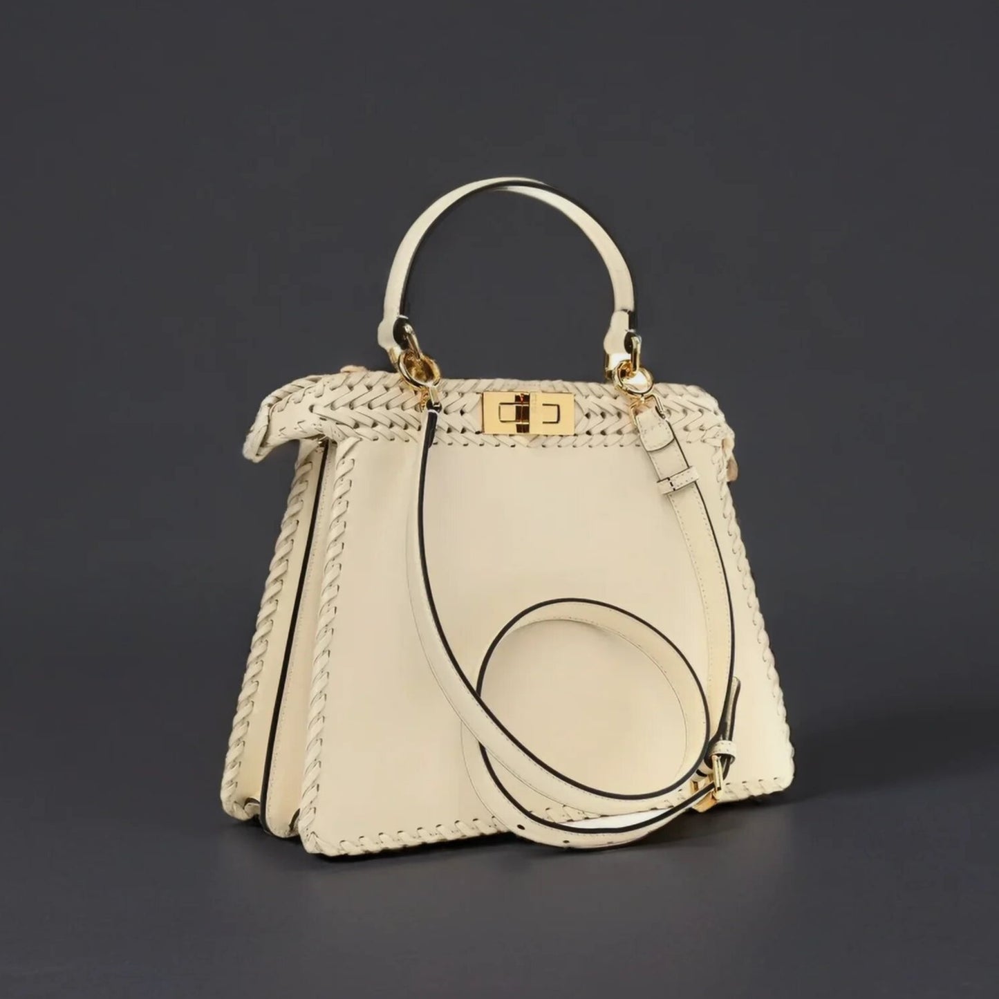 Vitello King Ceylon Shiny Nappa Woven Medium Peekaboo I SEE U Satchel White Ice