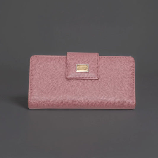 Pink Leather Long Trifold Wallet